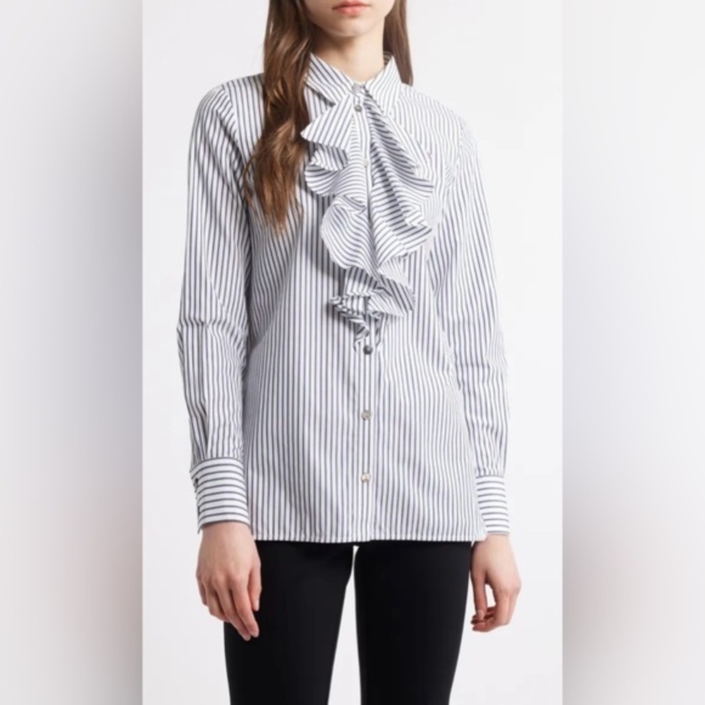 NEW Ming Wang Pinstripe Ruffle Neck Cotton Shirt NWT
